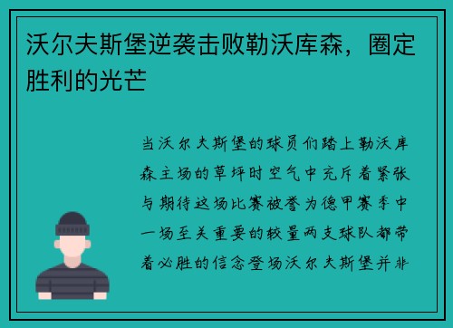 沃尔夫斯堡逆袭击败勒沃库森，圈定胜利的光芒